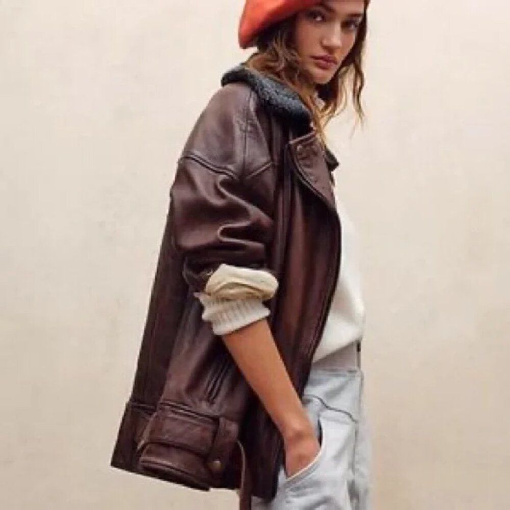 Free People Rori Slouchy Moto Leather Jacket w/ Sherpa Collar NWOT Size XS